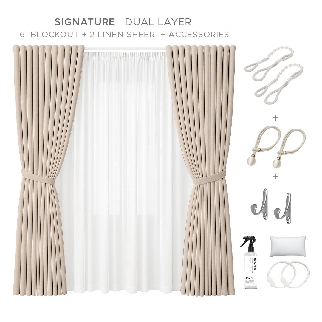 NAVI Signature Dual Layer Complete Curtain Set | 6-in-1 and 8-in-1 | Korean Soft Blockout | Premium Bundle, Complete Accessories