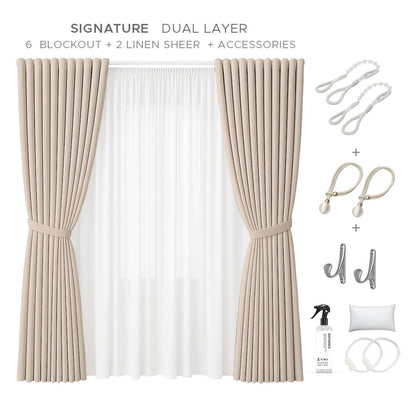 NAVI Signature Dual Layer Complete Curtain Set | 6-in-1 and 8-in-1 | Korean Soft Blockout | Premium Bundle, Complete Accessories