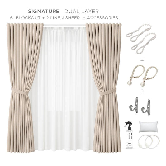 NAVI Signature Dual Layer Complete Curtain Set | 6-in-1 and 8-in-1 | Korean Soft Blockout | Premium Bundle, Complete Accessories