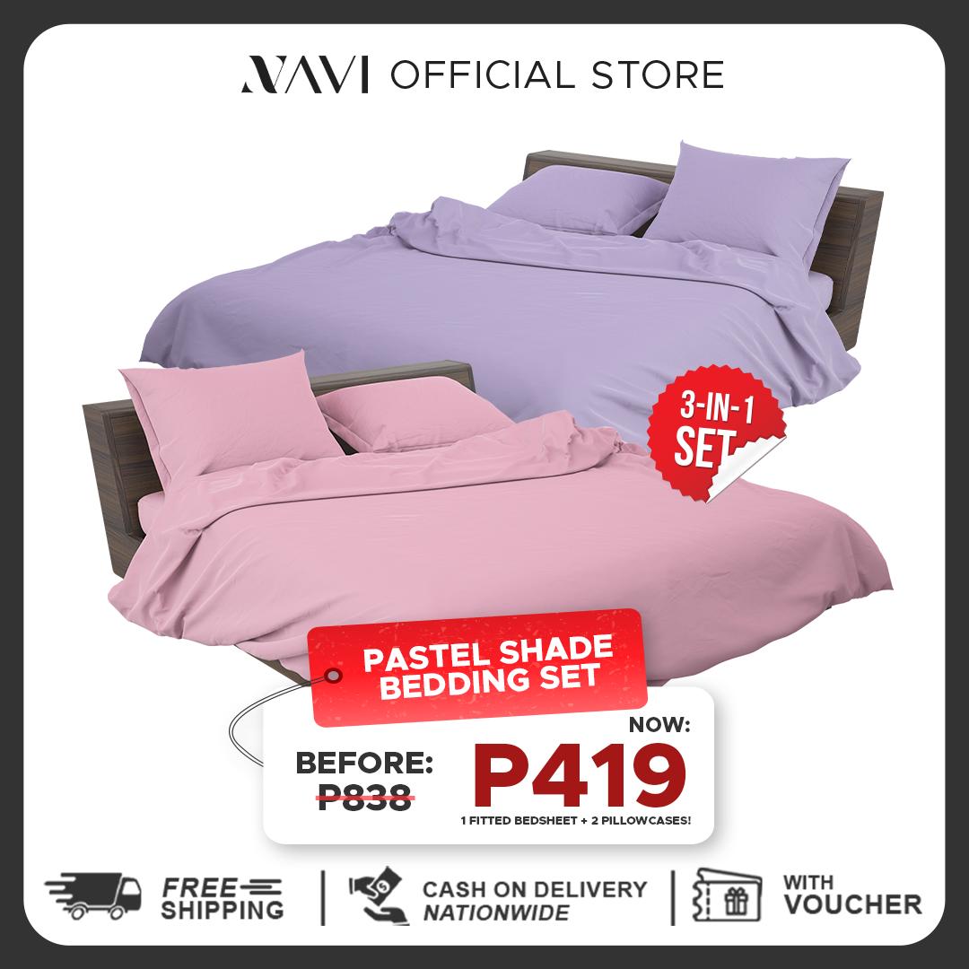 NAVI - PLAIN Bedding Set | Pastel Shades | 1x Fitted Bedsheet with 2x Pillowcase | Fully Garterized Hotel Quality