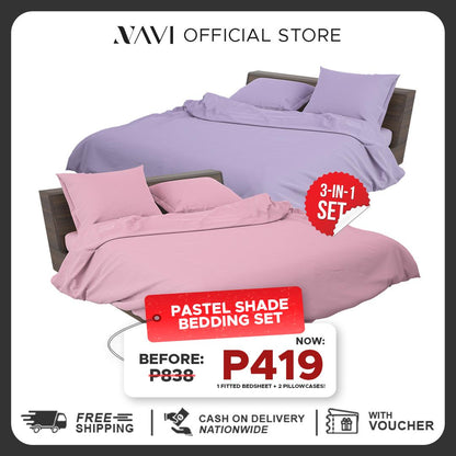 NAVI - PLAIN Bedding Set | Pastel Shades | 1x Fitted Bedsheet with 2x Pillowcase | Fully Garterized Hotel Quality