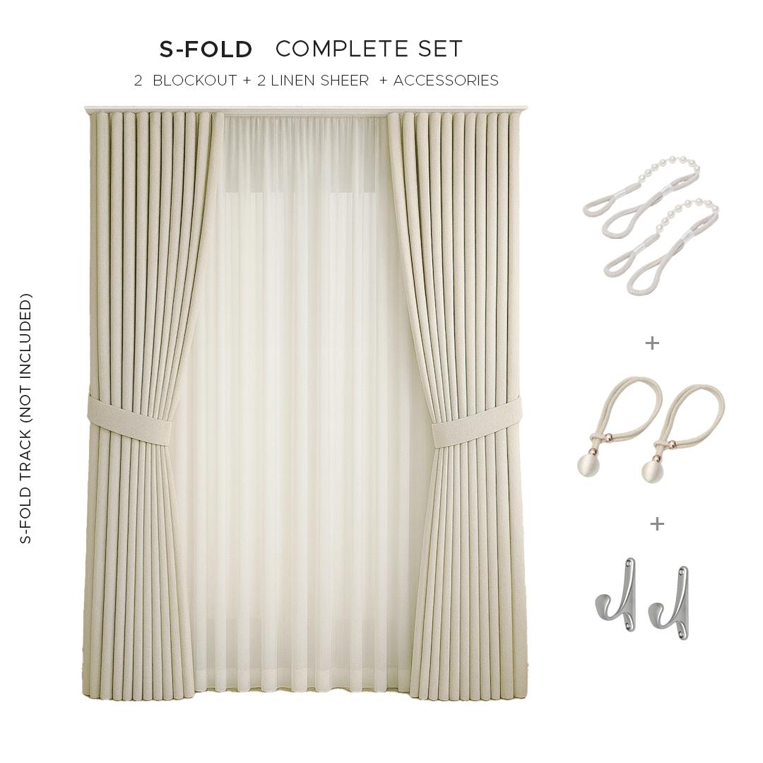NAVI S-Fold Blockout Drapery | Premium Complete Bundle | Button-Type Modern Curtain System | Smart Ripple Wave Fold