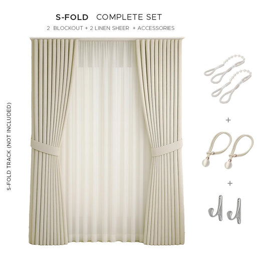 NAVI S-Fold Blockout Drapery | Premium Complete Bundle | Button-Type Modern Curtain System | Smart Ripple Wave Fold