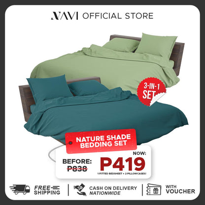 NAVI - PLAIN Bedding Set | Blue Green Shades | 1x Fitted Bedsheet with 2x Pillowcase | Fully Garterized Hotel Quality