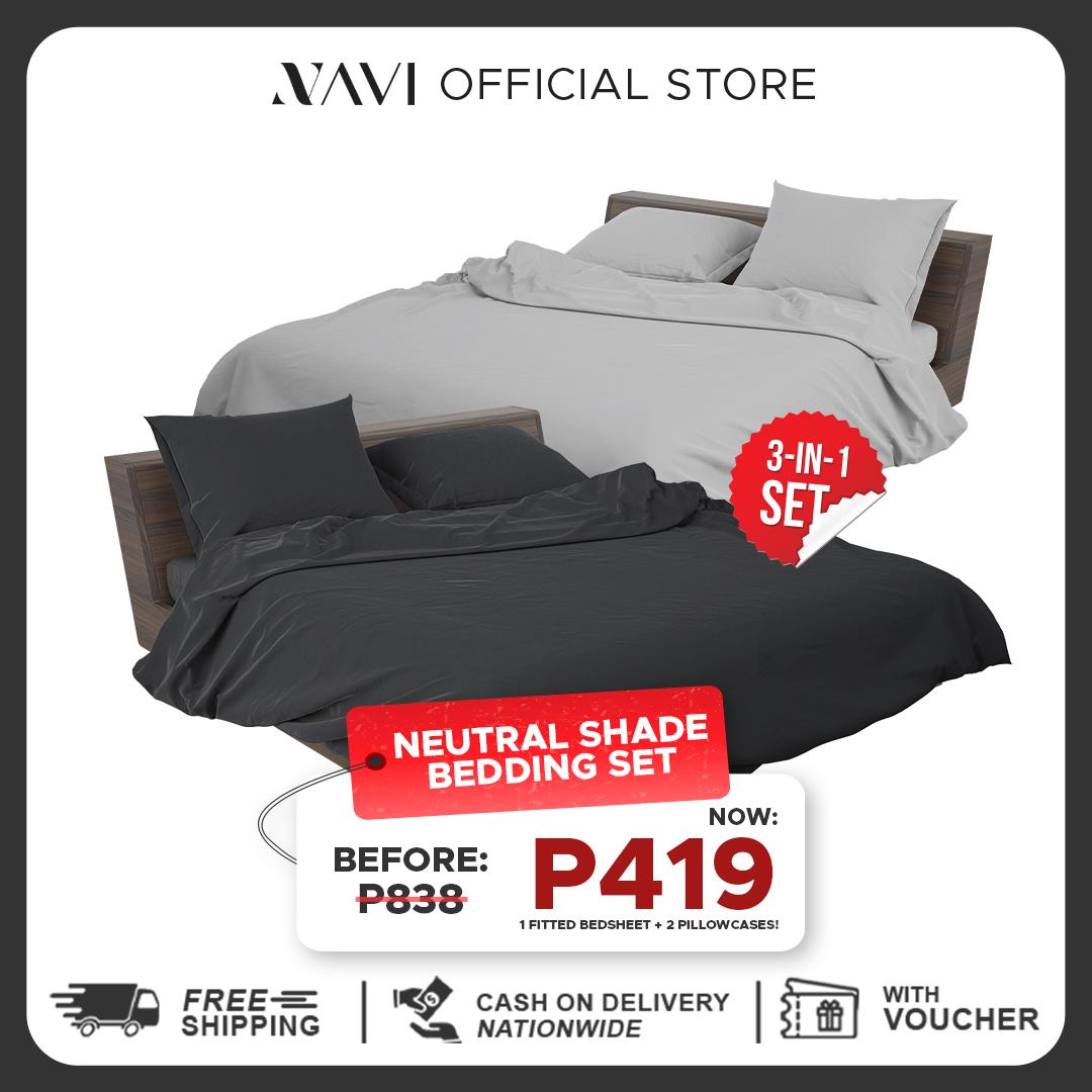 NAVI - PLAIN Bedding Set | Neural Shades | 1x Fitted Bedsheet with 2x Pillowcase | Fully Garterized Hotel Quality
