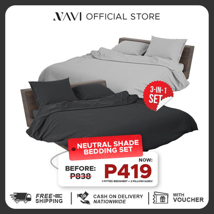 NAVI - PLAIN Bedding Set | Neural Shades | 1x Fitted Bedsheet with 2x Pillowcase | Fully Garterized Hotel Quality